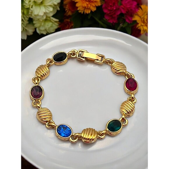 Vintage Bracelet Gold Plated Jewel Toned Crystals 1980s Classic Chic 8M - Picture 1 of 5